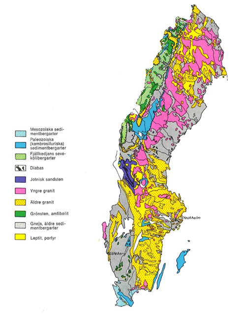 Bild 4:5 Starkt förenklad berggrundskarta över Sverige